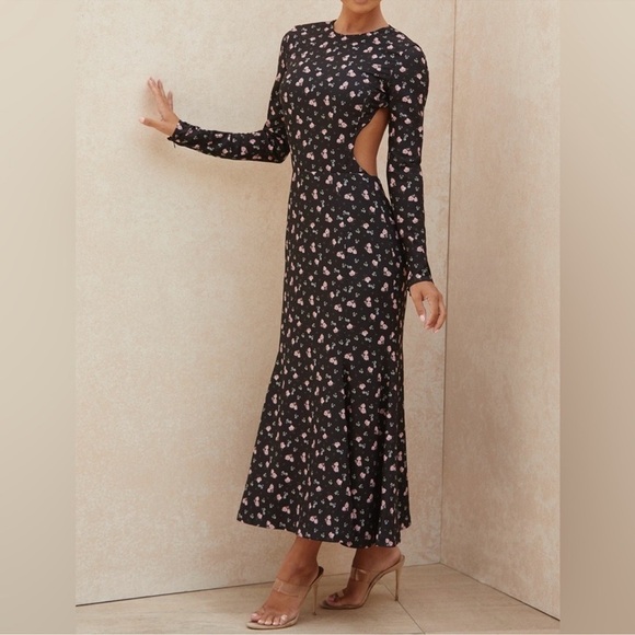 NWOT House Of CB Octavia Backless Dainty Floral Print Midi Dress Black Size XS - Picture 2 of 8